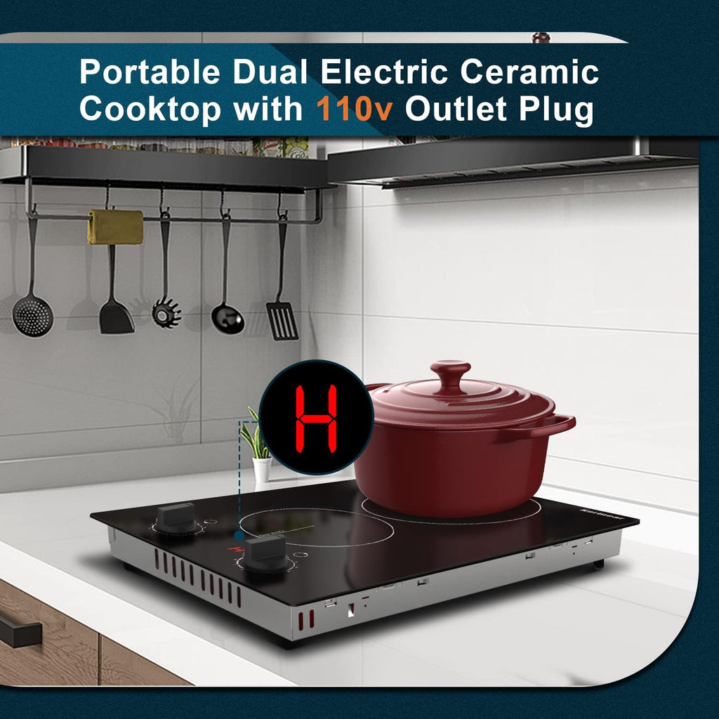Karinear 110V Electric Cooktop 2 Burners, Countertop & Built-in Electric Stove Top Plug in