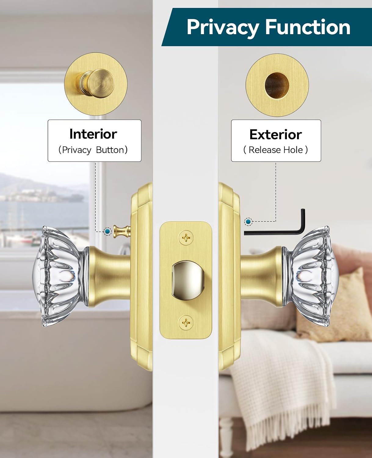 6 Pack Glass Door Knobs Interior with Lock, Gold Crystal Door Knobs Interior for Privacy Use, Glass Door Knobs for Bedroom Bathroom, Vintage Crystal Door Knob Set