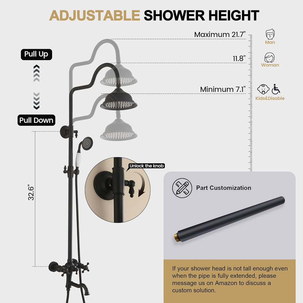 Exposed Shower System Matte Black,Antique Outdoor Shower Faucet with 8 Inches Rainfall Shower Head,Vintage Outdoor Shower Fixture with Foldable Tub Spout,Outdoor Shower Kit for Backyard Poolside