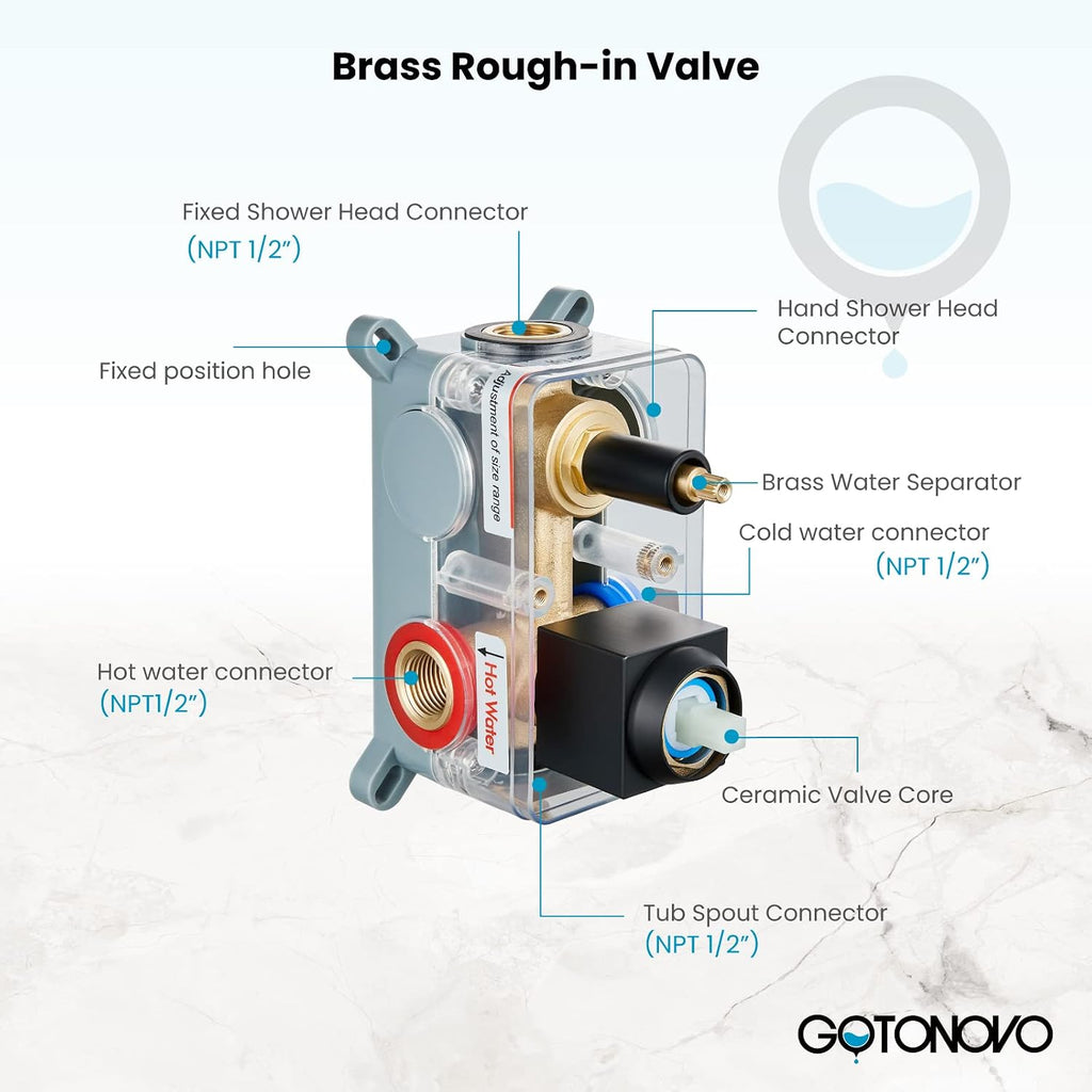 gotonovo Rain Shower Faucet System Set Rainfall Shower Head with Handheld Sprayer Waterfall Tub Spout Wall Mounted Mixer Combo Rough-in Valve and Trim Included 8 Inch Showerhead Matte Black
