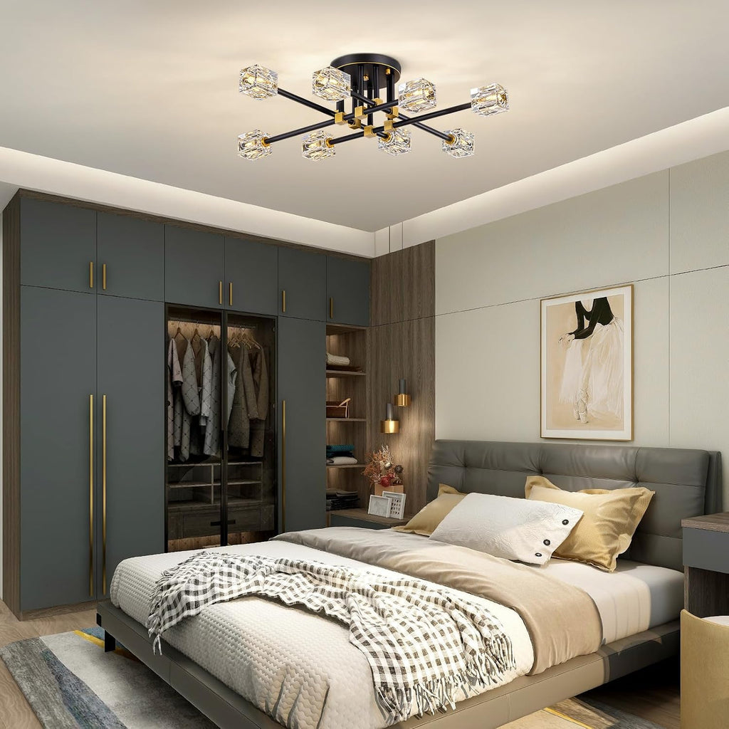 Modern Sputnik Ceiling Light Fixture with 8 Light,Black and Gold Semi Flush Mount Ceiling Light,K9 Crystal Chandeliers for Bedroom, Dining Room, Kitchen Island, Living Room