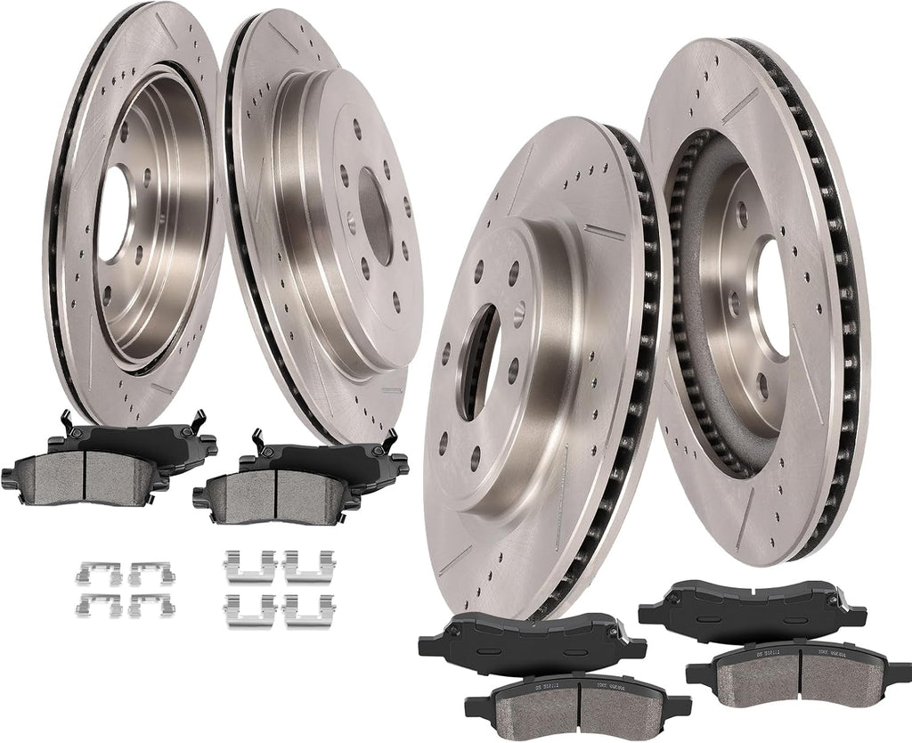 SCITOO Brake Kit For Buick For Enclave,For Chevy For Traverse,For GMC For Acadia,For Saturn For Outlook Front Rear Drilled & Slotted Disc Brake Rotor Semi Metallic Brake Pad 55150;55151;D1169;D883