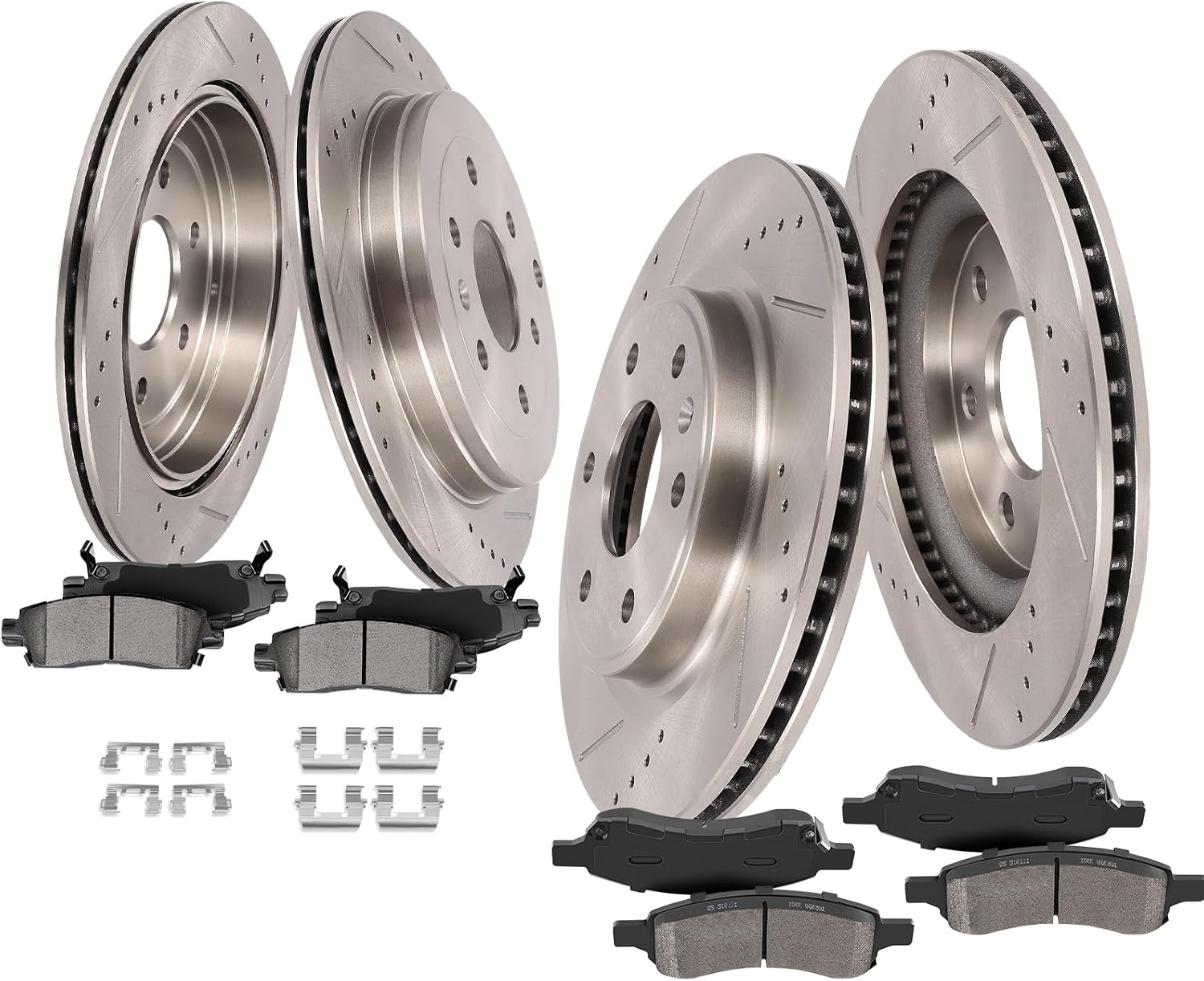 SCITOO Brake Kit For Buick For Enclave,For Chevy For Traverse,For GMC For Acadia,For Saturn For Outlook Front Rear Drilled & Slotted Disc Brake Rotor Semi Metallic Brake Pad 55150;55151;D1169;D883