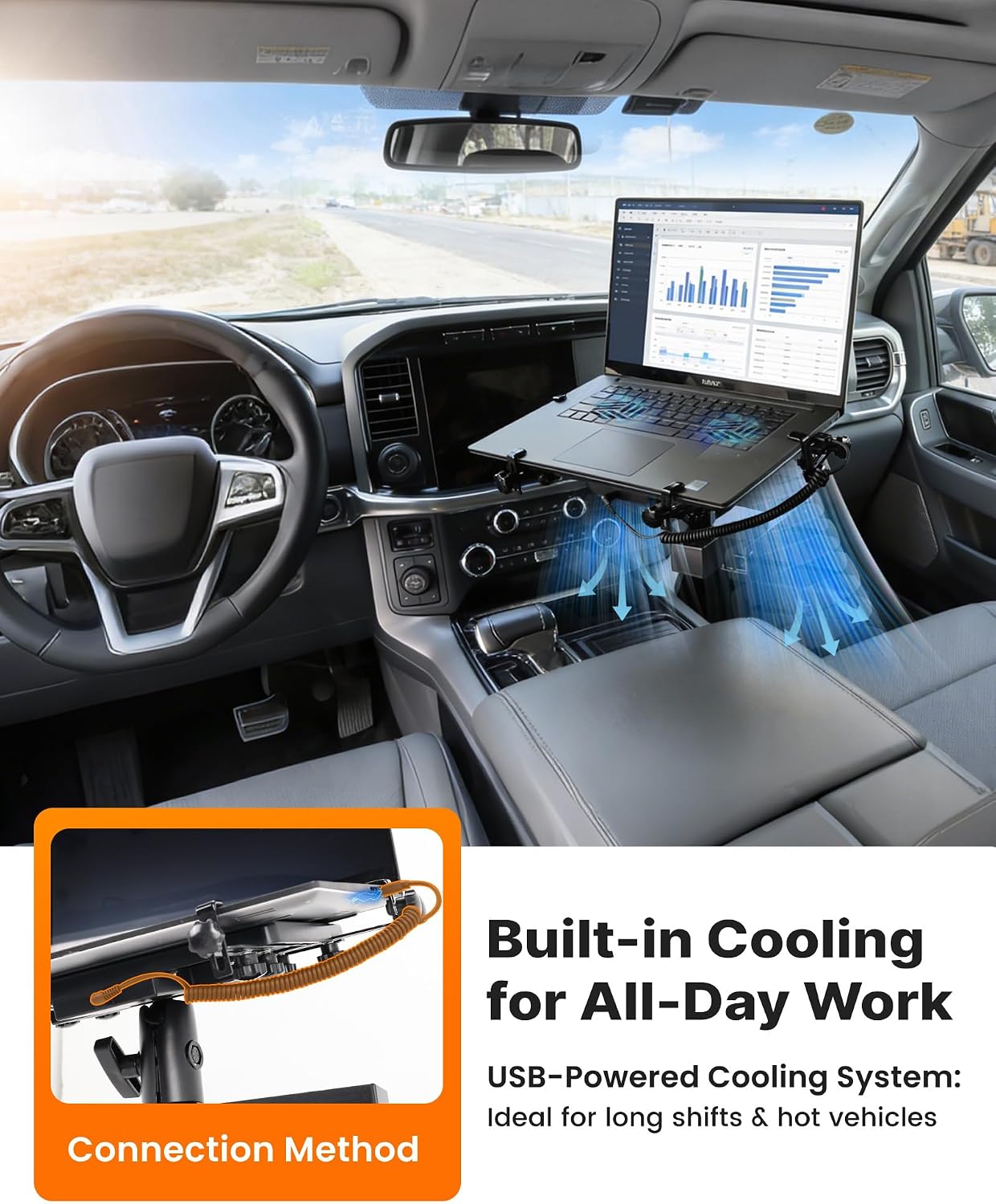 MELIPRON Truck Laptop Mount Fit for Ford F250-F750 1999-2026, Ford Excursion 2000-2005, No-Drilling Vehicle-Specific Laptop Holder with Cooling Fan Adjustable Height for Work on The Go