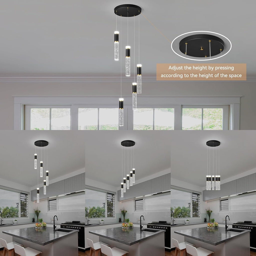 5-Light Pendant Lights, Modern Black Gold Pendant Light Fixtures with Bubble Crystal, Dimmable LED, Kitchen Island & Dining Room