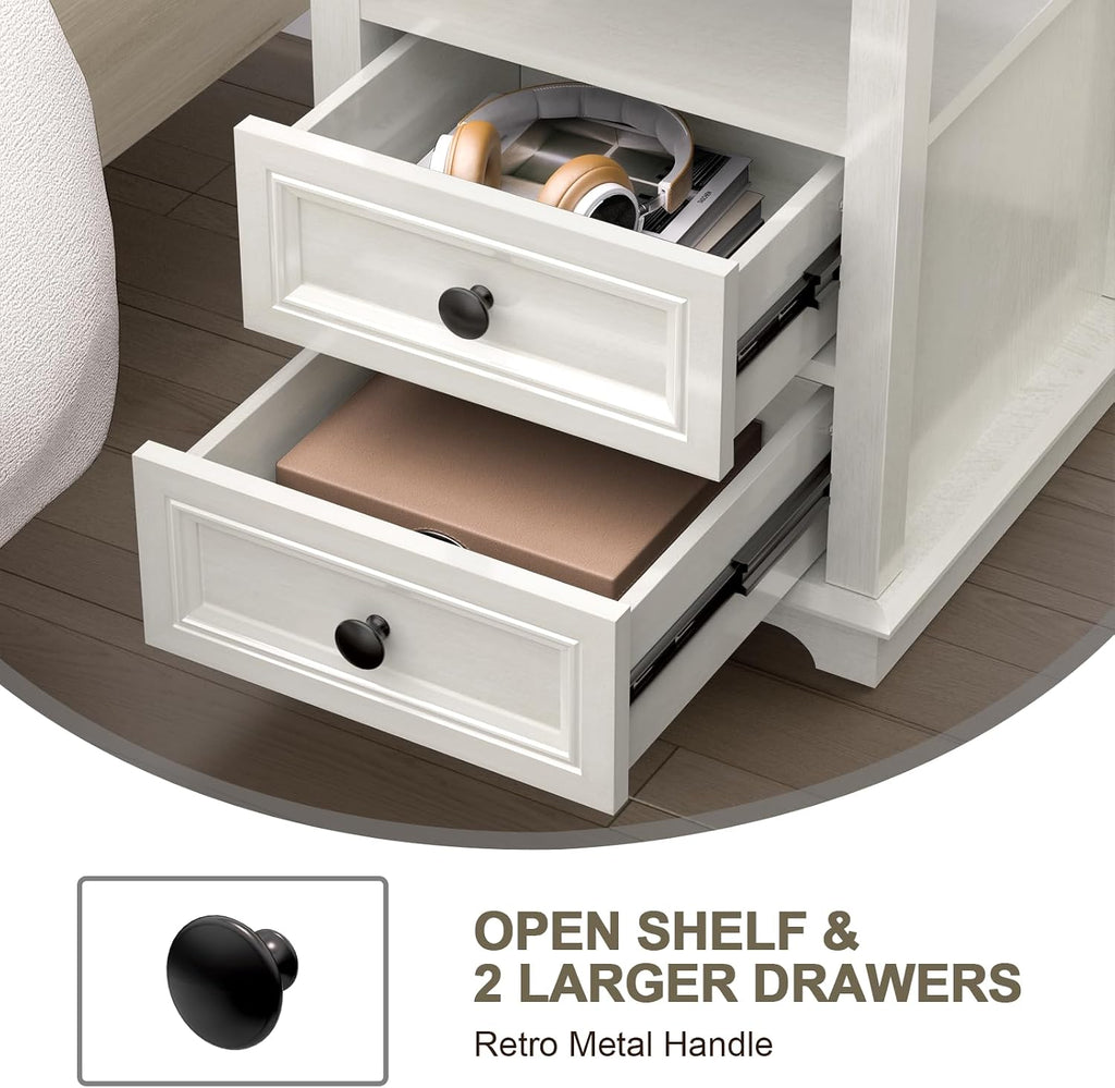 REDAYFUR 18' Wide End Table with Fast Charging Station Set of 2, 18' Wide Sofa End Table with Drawers,Storage Rustic Wood Storage Cabinet,Sofa Table for Living Room,White