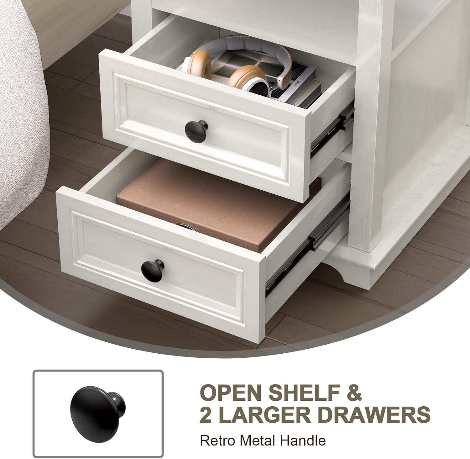 REDAYFUR 18' Wide End Table with Fast Charging Station Set of 2, 18' Wide Sofa End Table with Drawers,Storage Rustic Wood Storage Cabinet,Sofa Table for Living Room,White
