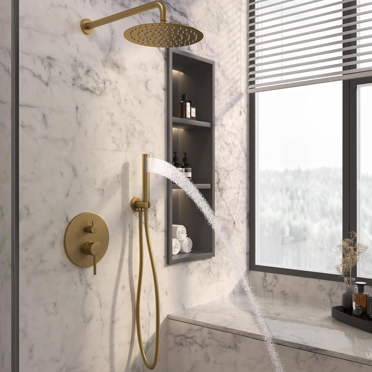 MONDAWE Round Shower Faucet Set, Wall Mounted Shower System 10 Inch Rainfall Shower Head with Handheld Combo, Brushed Gold High Pressure Rainfall Shower Set -Valve Included