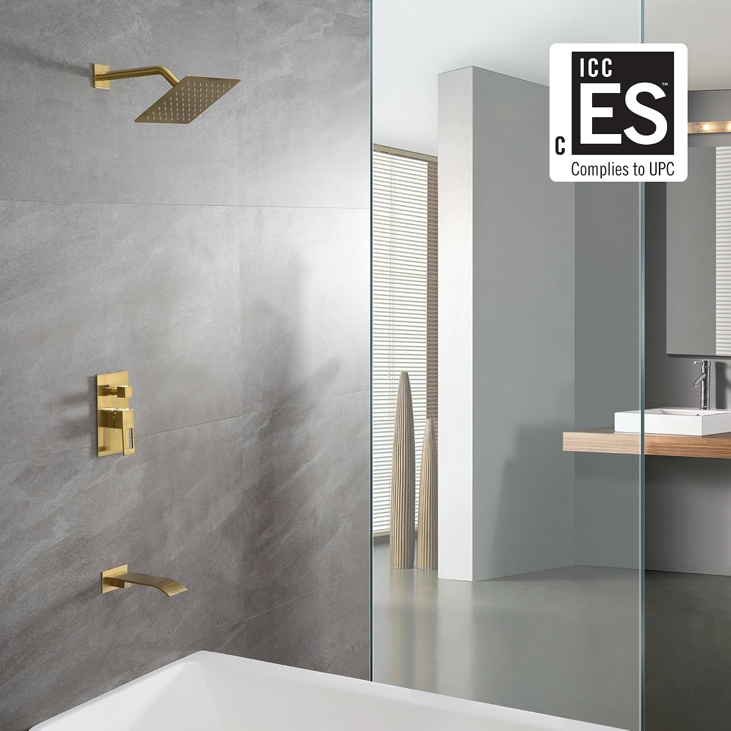 sumerain Wall Mount Tub and Shower Faucet Set Brushed Gold with 8 Inch Shower Head, Waterfall Tub Spout and Anti-scalding Pressure Balance Valve