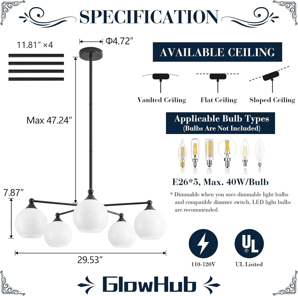 GlowHub Modern Black Chandelier with Milk White Glass Shades 30' Globe Pendant Light Fixture 5 Lights Mid Century Sputnik Chandelier for Dining Room Bedroom Entryway