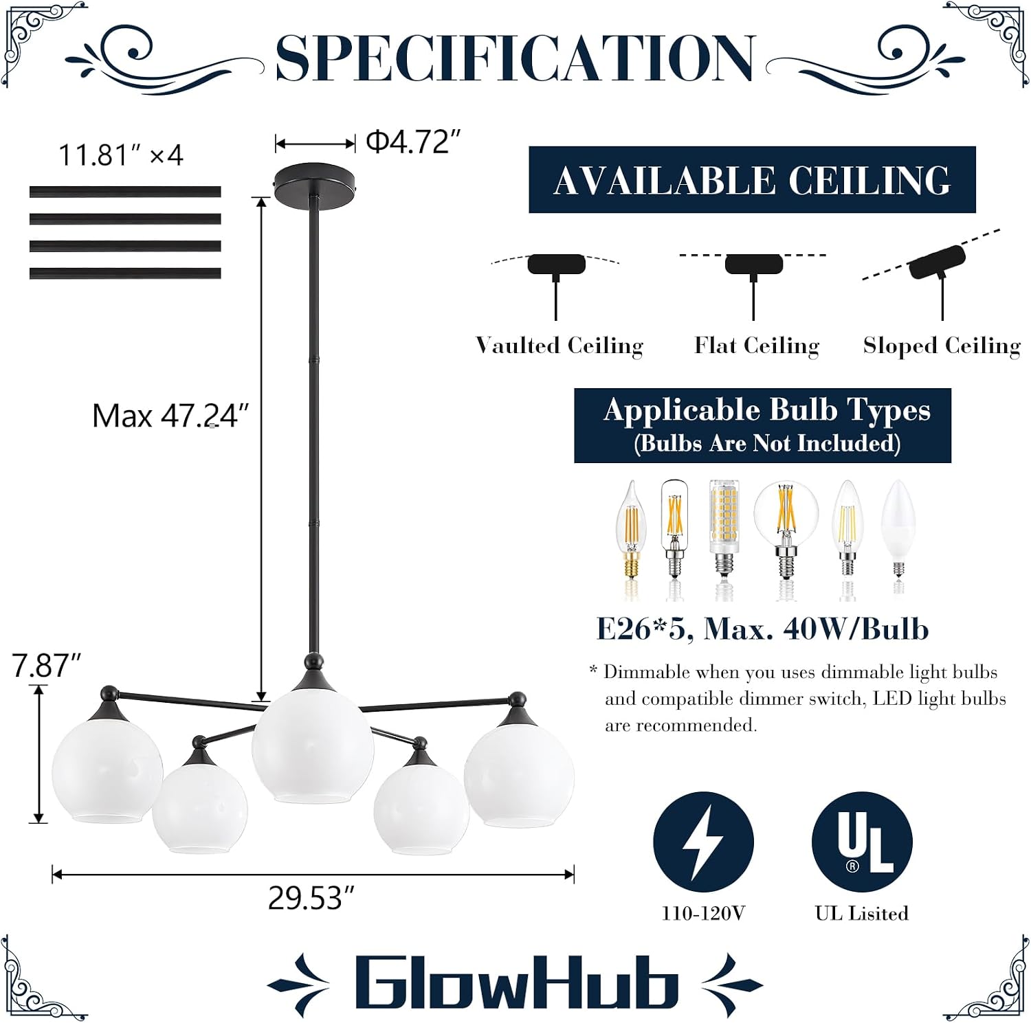 GlowHub Modern Black Chandelier with Milk White Glass Shades 30' Globe Pendant Light Fixture 5 Lights Mid Century Sputnik Chandelier for Dining Room Bedroom Entryway