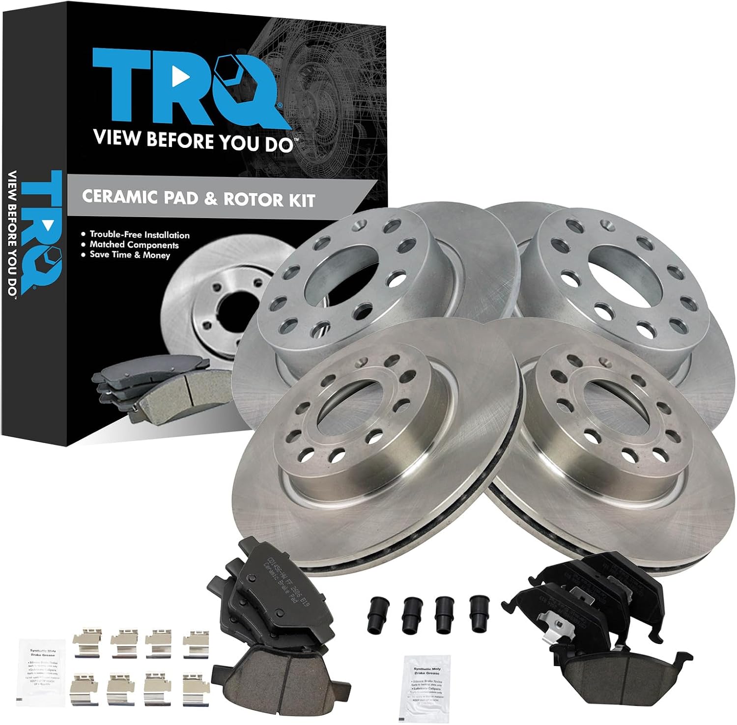TRQ Front and Rear Brake Pad and Rotor Set Ceramic Compatible with 2011 Volkswagen Jetta