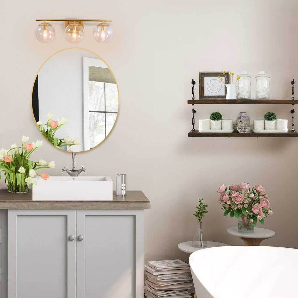 KSANA Gold Vanity Light,3 Modern Bathroom Fixture with Clear Globe Glass Shades and Taper Arm