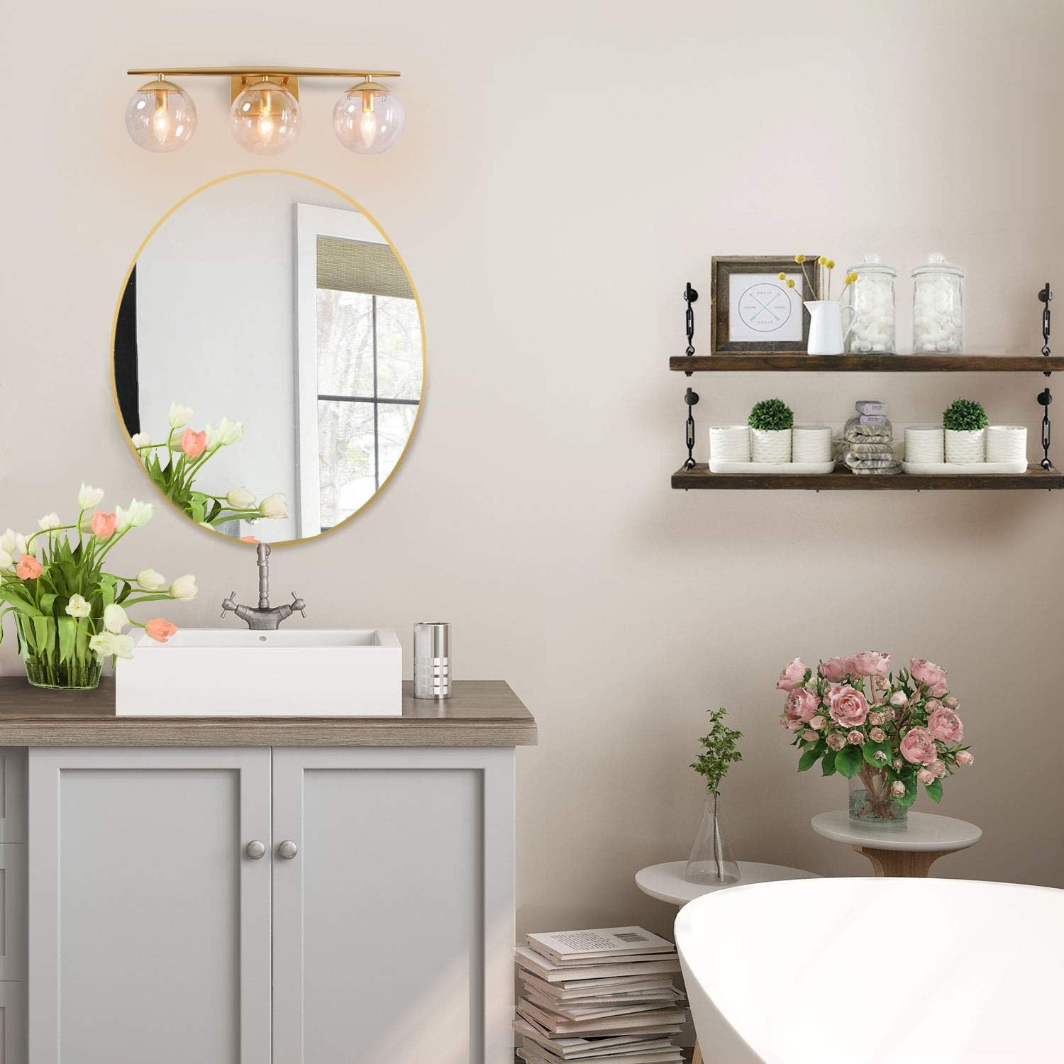 KSANA Gold Vanity Light,3 Modern Bathroom Fixture with Clear Globe Glass Shades and Taper Arm