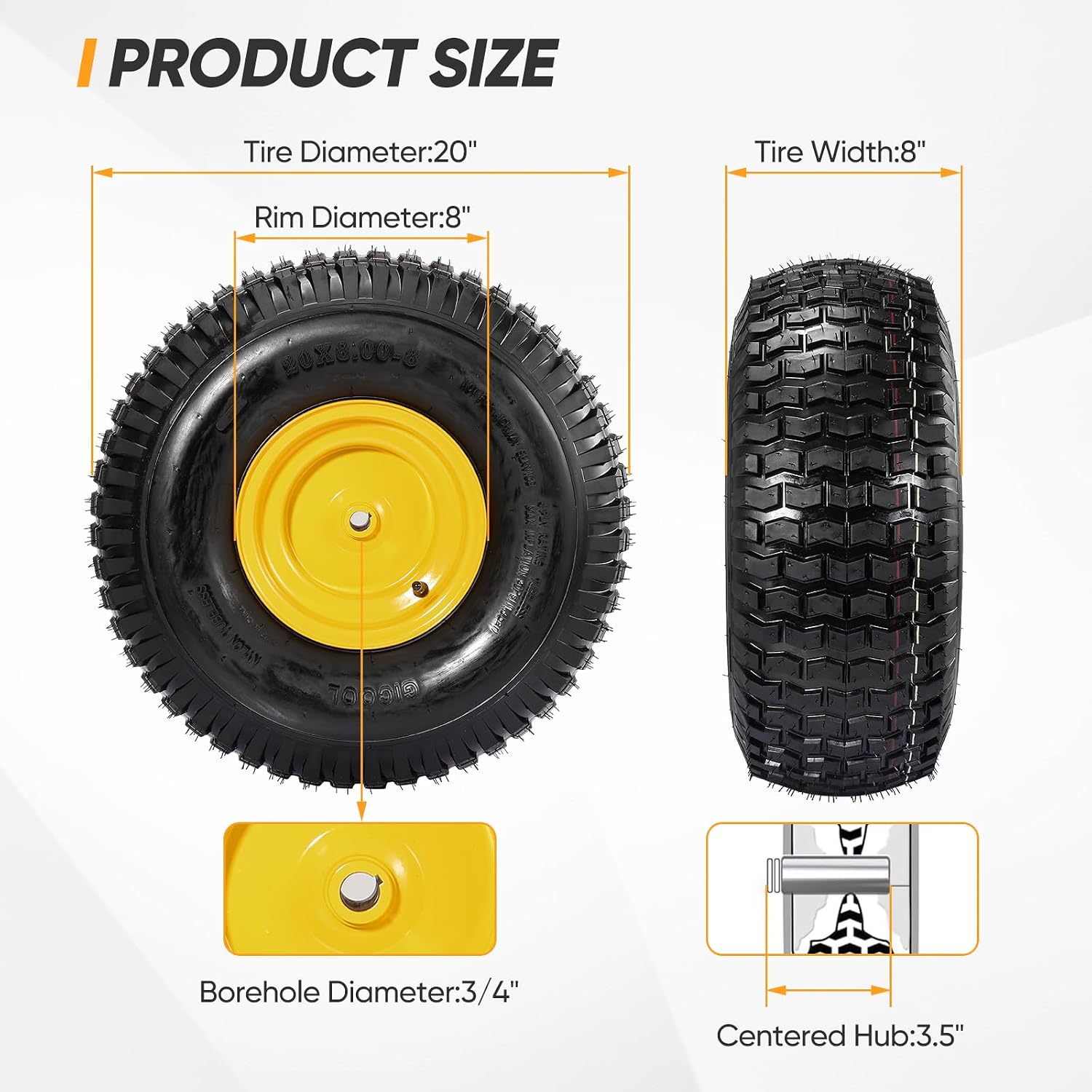 20x8.00-8 Rear Tire and Wheel Assemblies,4 Ply Tubeless Tire Compatible for Riding Lawn Mowers, 3/4' Borehole, 3.5' Offset Hub and 3/16' Keyway, 905lbs Capacity, 2 Pack