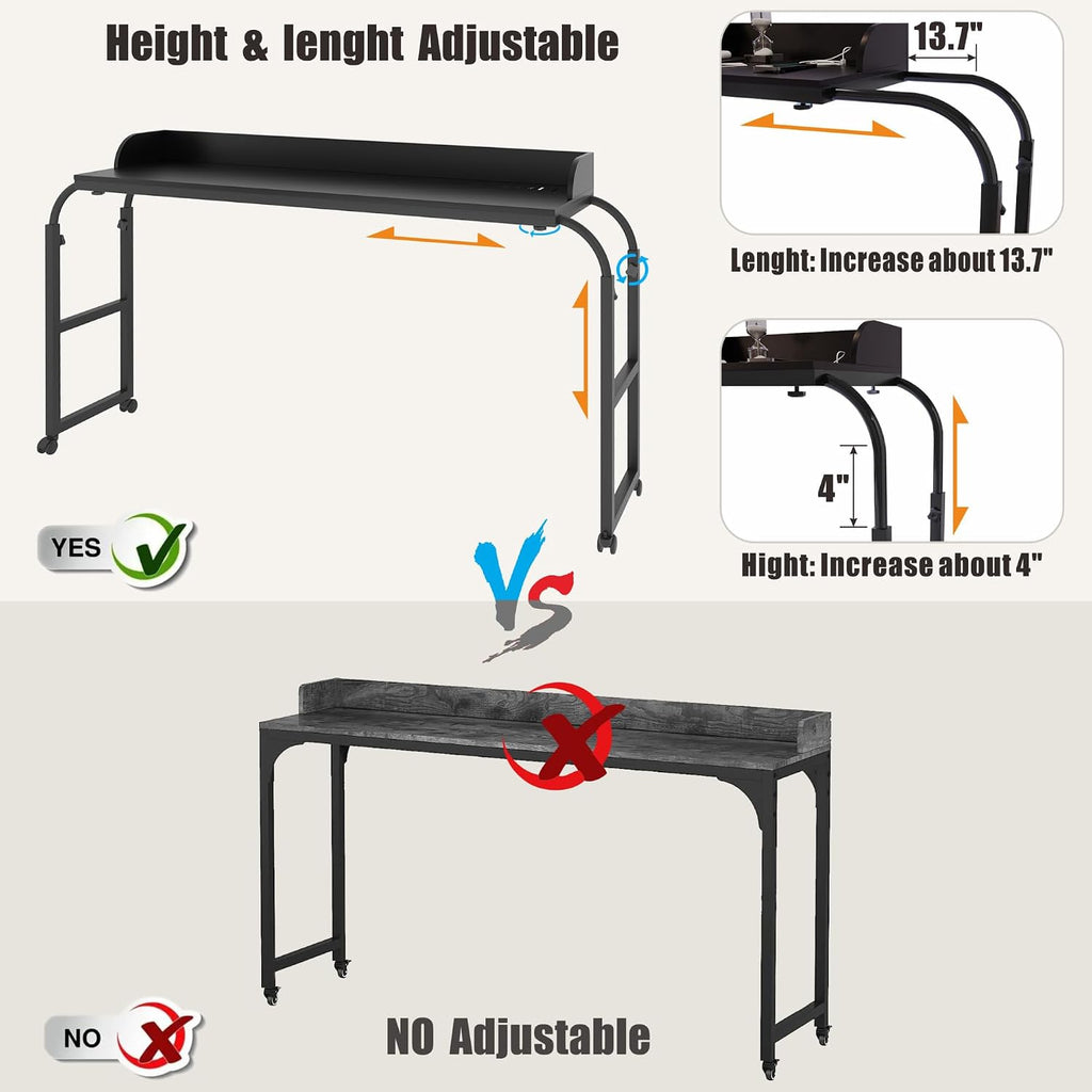 HWB Over Bed Desk with Auto-Sensor LED Lights,Over Bed Table with Wheels Adjustable Height with Charging Station,Beside Table,Rolling Tray Table for Laptop and Writing for Living Room,Black