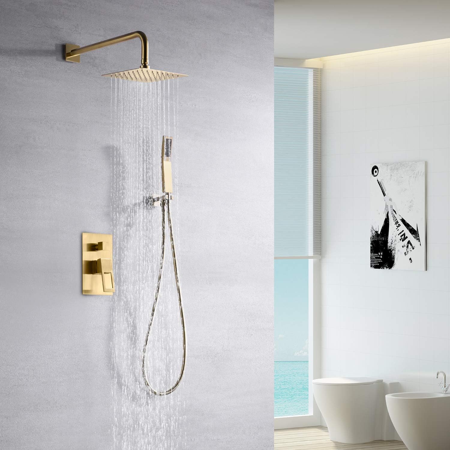 sumerain Brushed Gold Shower System Pressure Balance Shower Faucet, 8 Inches Square Rain Shower Head and Hand Shower, Including Rough-In Valve