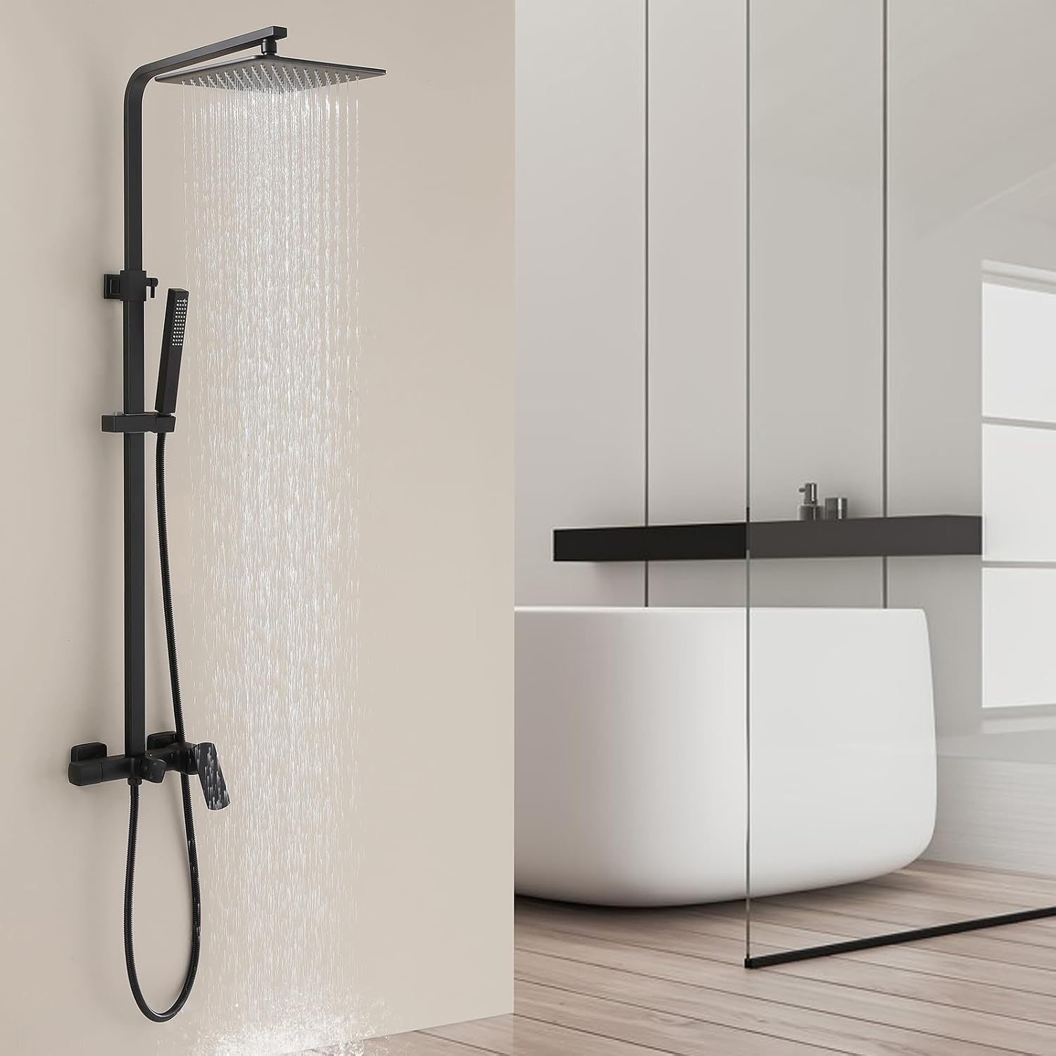 Exposed Shower System with Rain Shower and Handheld Sprayer, Outdoor Shower Fixture with Tub Spout, Rainfall Showerhead Faucet Combo Set for Bathroom Height Adjustable Shower Mixer Matte Black