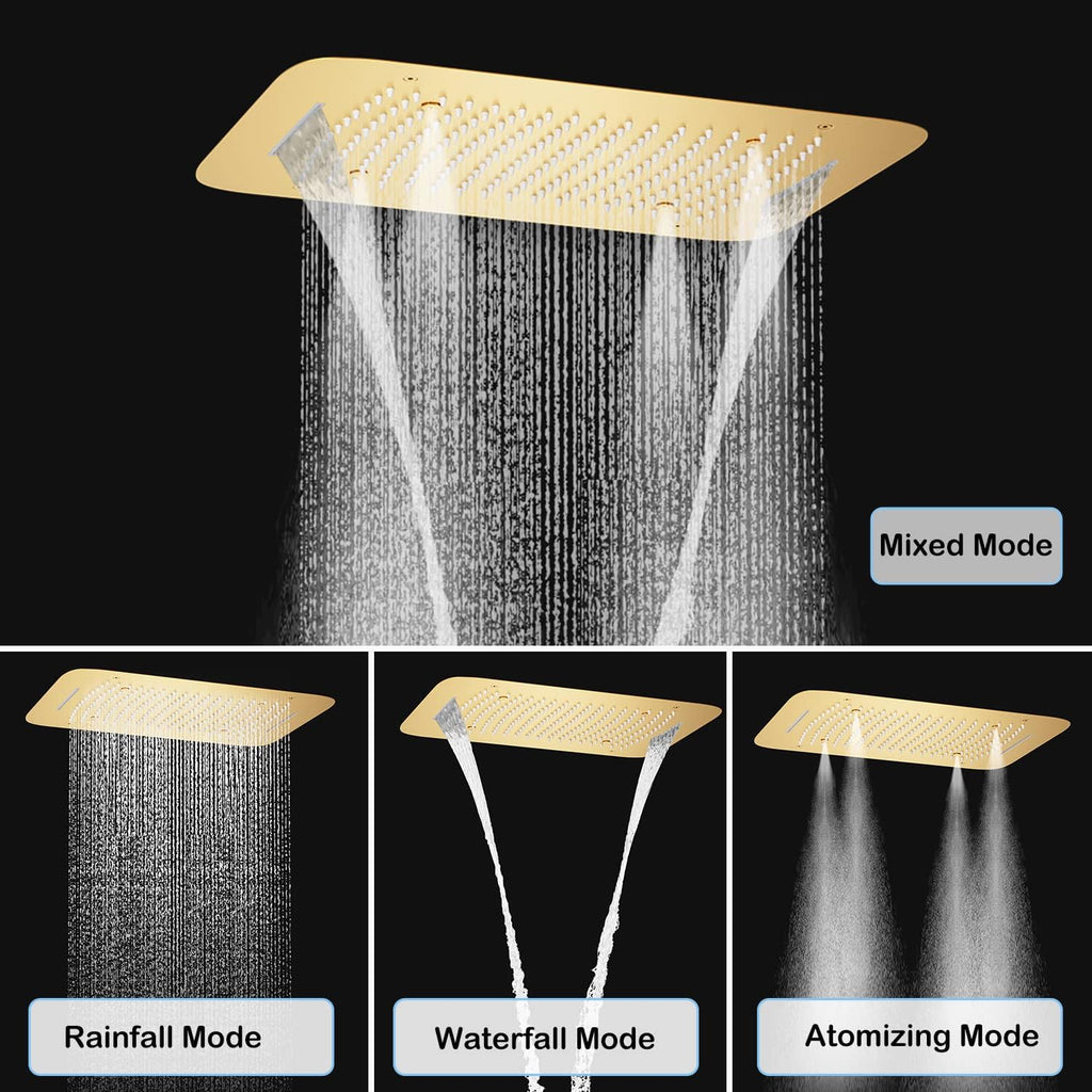 Brushed Gold Shower System with 16 X 24inch Large Triple Function Rain Waterfall Mist Shower Head, Ceiling Shower Faucet Fixtures Set with Thermostatic Shower Valve and 6PCS Shower Body Jets
