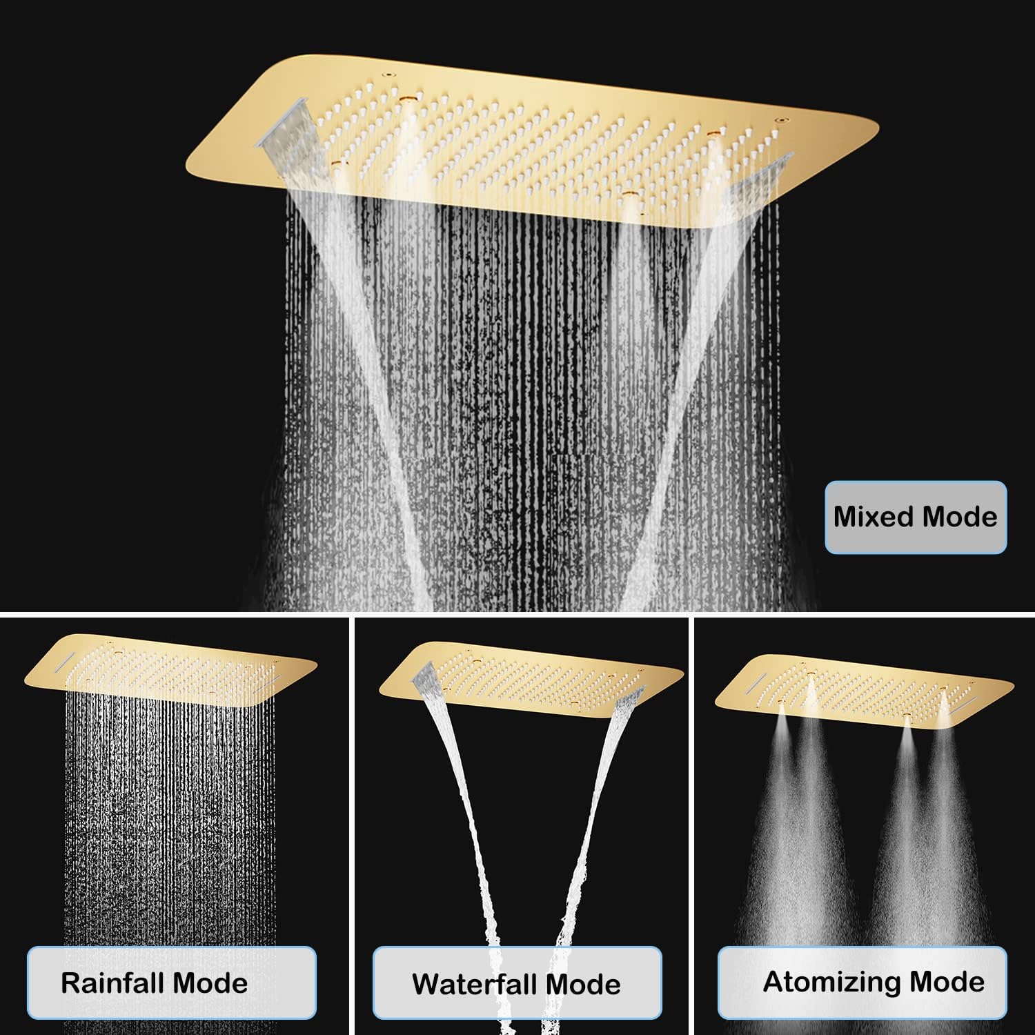 Brushed Gold Shower System with 16 X 24inch Large Triple Function Rain Waterfall Mist Shower Head, Ceiling Shower Faucet Fixtures Set with Thermostatic Shower Valve and 6PCS Shower Body Jets