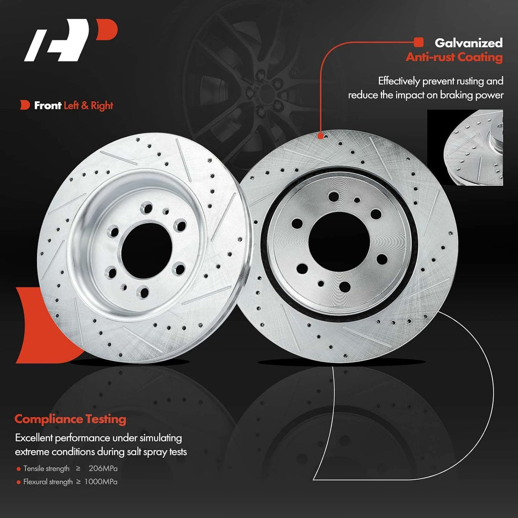 A-Premium Front Vented & Rear Drilled and Slotted Disc Brake Rotors + Ceramic Pads Kit Compatible with Select Ford Models - For F-150 2010-2011, 6 Lug Models Only, 12-PC Set