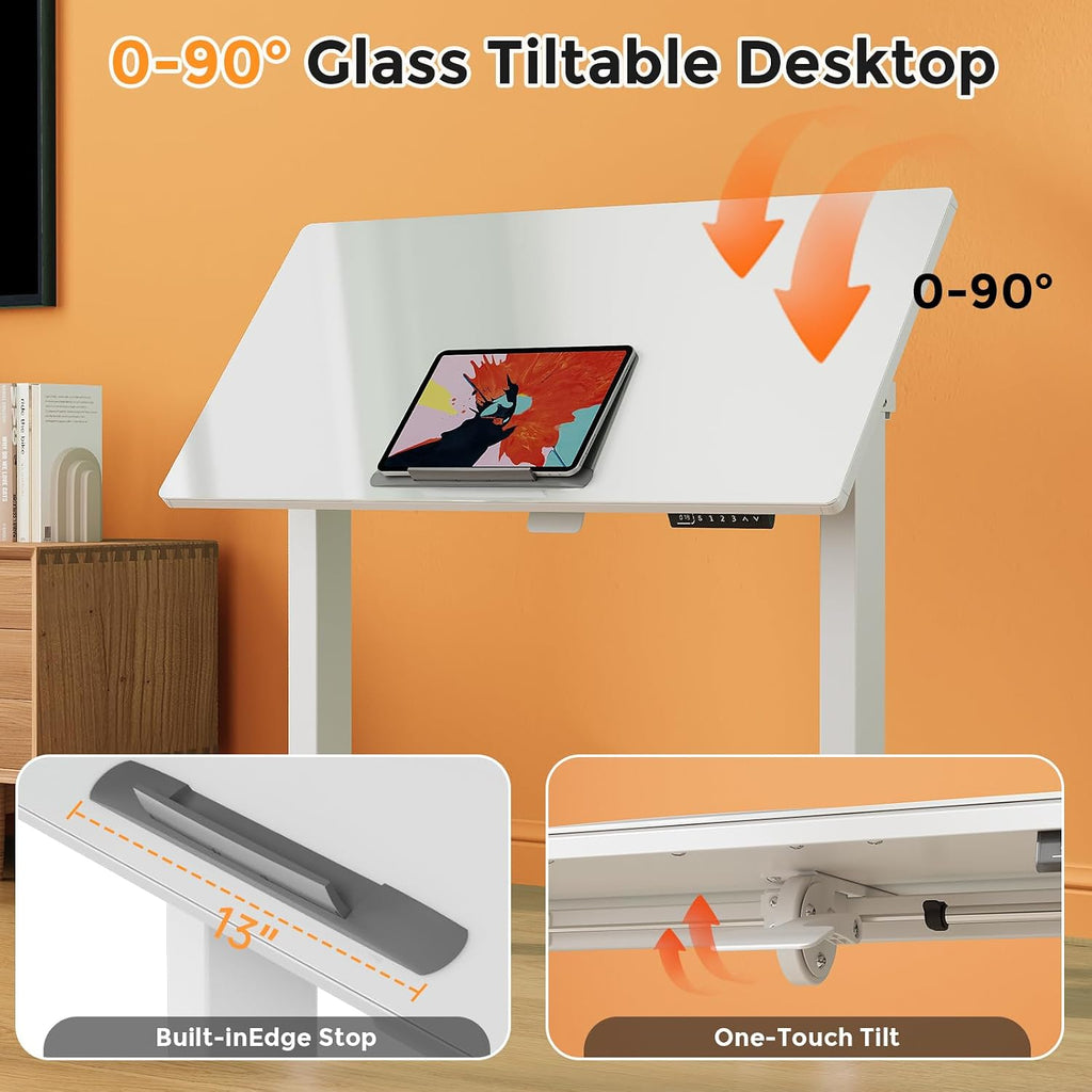 40inch Glass Standing Desk, 90° Tiltable Drafting Table Height Adjustable, Whole Piece Rolling Laptop Desk with Wheels, Foldable Mobile Rising Desk for Working, Drawing, Crafting, White