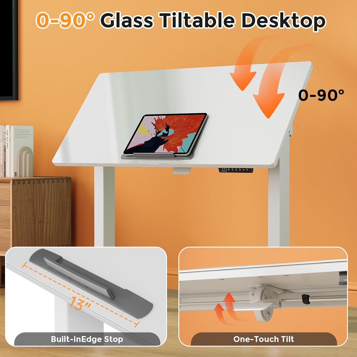 40inch Glass Standing Desk, 90° Tiltable Drafting Table Height Adjustable, Whole Piece Rolling Laptop Desk with Wheels, Foldable Mobile Rising Desk for Working, Drawing, Crafting, White