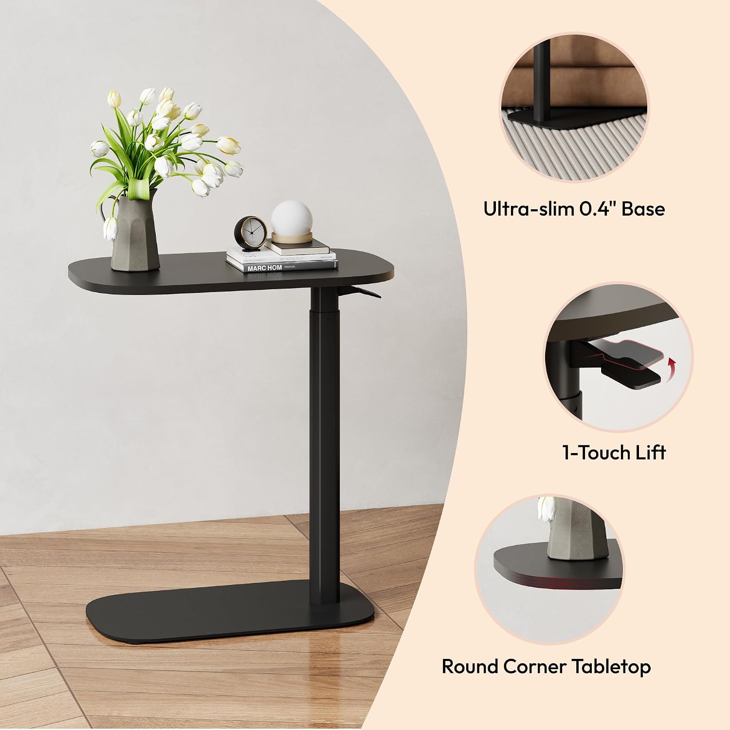 SANODESK Small Standing Desk Pneumatic Height Adjustable Sit Stand Laptop Desk Overbed Table Computer Cart for Home Office Workstations (23.6' W x 13.8' D, Black)