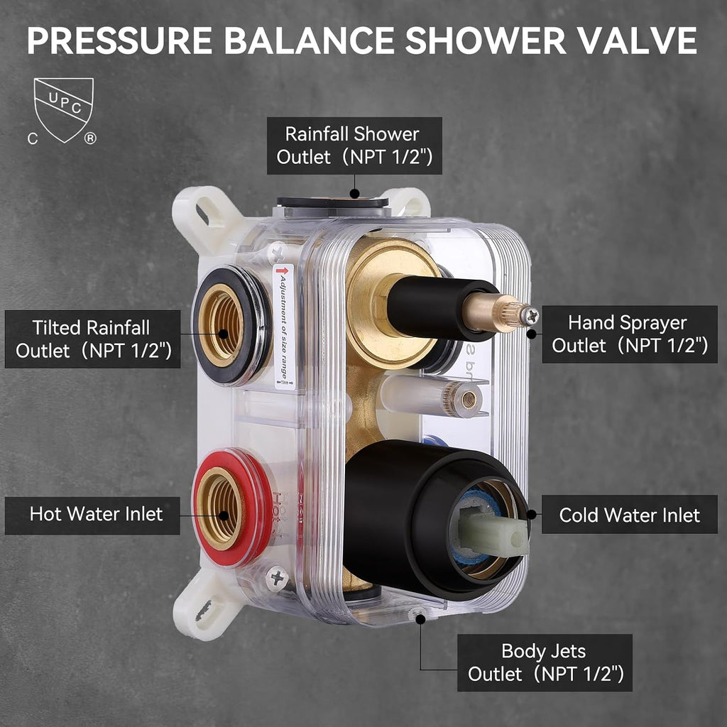 Shower System Matte Black Dual Shower Head with Body Jets, Oupukle Four Modes Shower Faucet Set Ceiling Mount 12' Rain Shower Head & 6' Wall Mounted Head with 6PCS Body Jets
