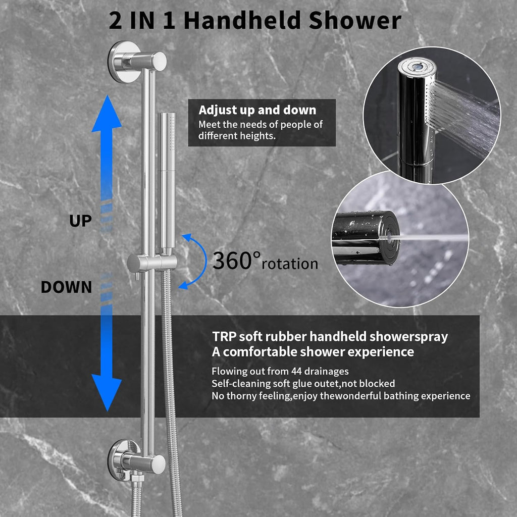 Chrome Shower Slide Bar System with 12inch Ceiling Rain Shower Head and 8inch Shower Faucet Set In Wall, Temperature Display Shower Faucet System Fixture with 2 in 1 Handheld Shower Wand