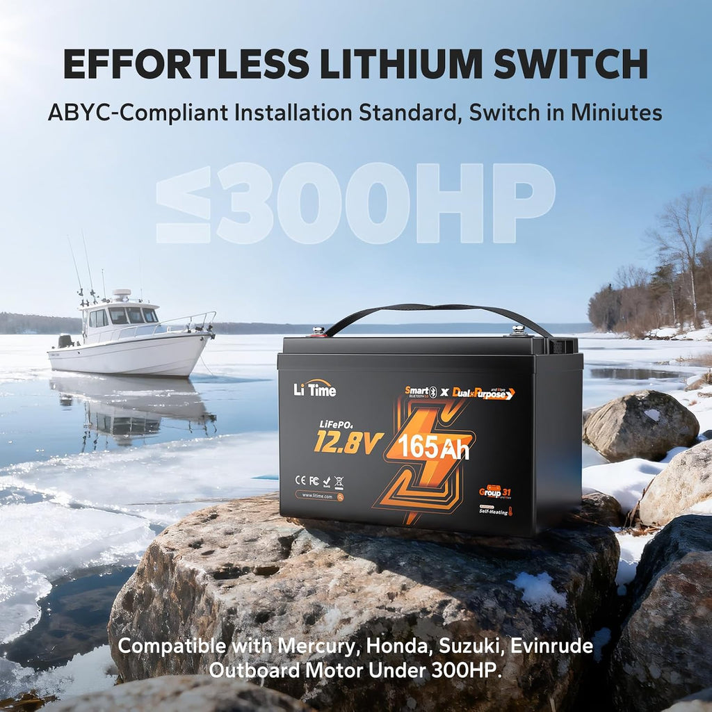 Litime 12V 165Ah Dual Purpose LiFePO4 Lithium Marine Starting Battery, 1200CCA, Deep Cycle Cranking & Storage Battery for Boat, Group 31, Compatiable with Mercury, Honda, Suzuki, Evinrude 3-Pack