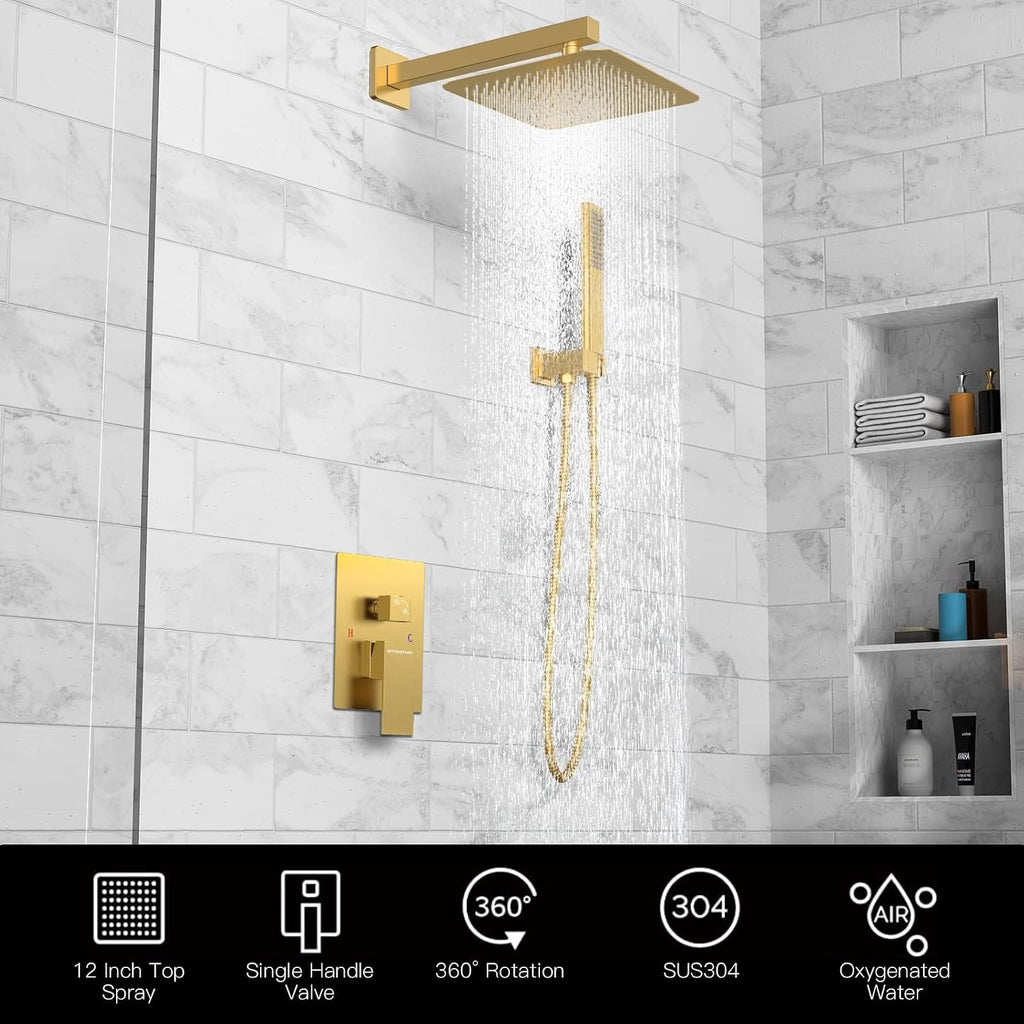 EMBATHER Brushed Gold Shower System- 12 inch Shower Faucet Sets with Rain Shower Head Hand Held Shower Head for Bathroom, Wall Mounted Square Shower Combo Set (Contain Shower Valve and Trim)