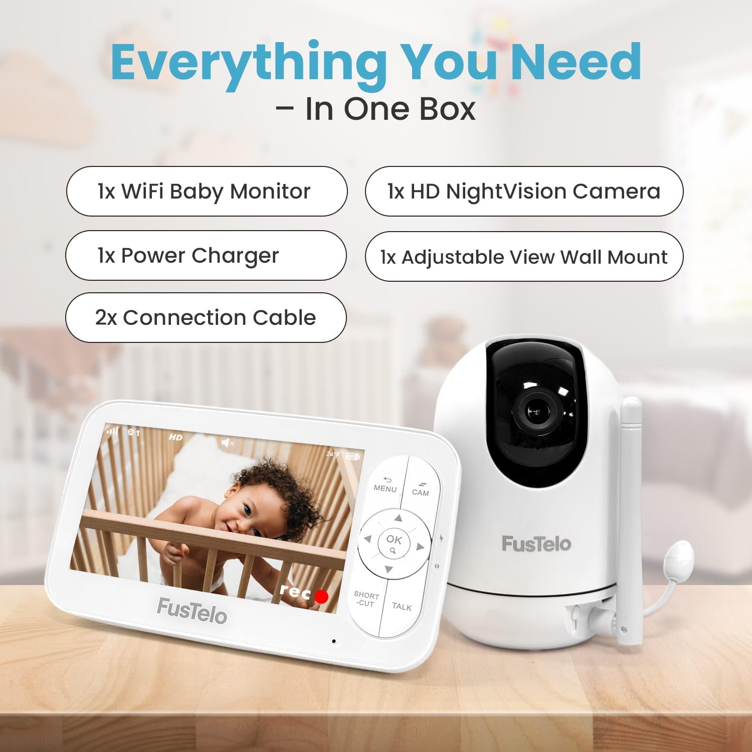 Smart WiFi Baby Monitor with 5' OLED Screen & Camera, 1080P HD, 360° Pan/Tilt, 4X Zoom, Two-Way Audio, Cry & Motion Alerts, Night Vision, Temperature Sensor, Long-Battery, App & Screen View