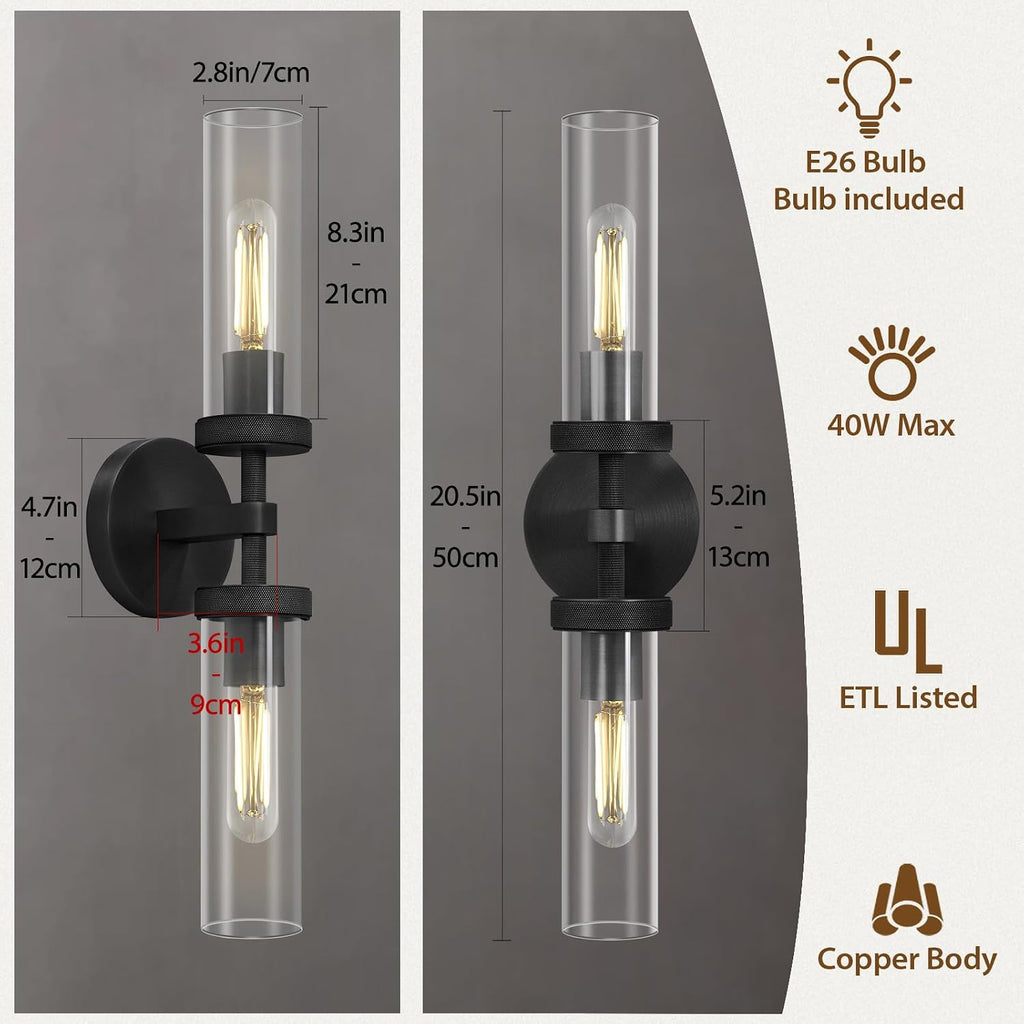 Black Bathroom Vanity Wall Sconces 2-Light Glass Tube Wall Sconce 21in Horizontal or Vertical Linear Wall Sconces Black Vanity Light Indoor Wall Sconce E26 Bulb Included