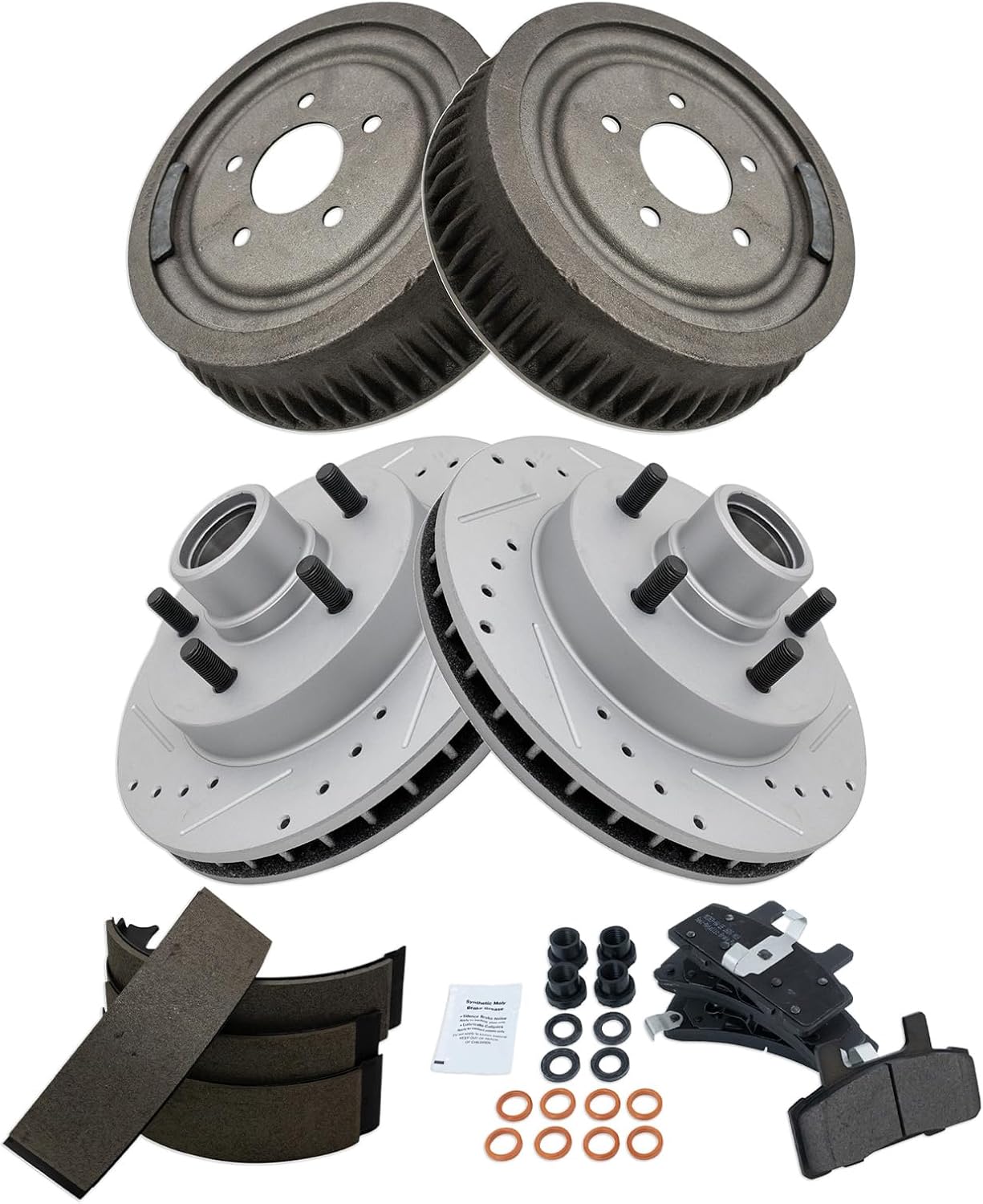 TRQ Brake Pad & Rotor,Shoe & Drum Kit Performance Semi-Metallic Premium G-Coated Front & Rear Compatible with 1995-1999 Chevrolet C1500 1992-1999 C1500 Suburban 1996-2002 Express 1500 GMC Savana 1500