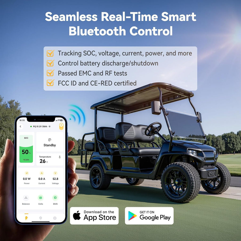 Power Queen 48V 30Ah Lithium Golf Cart Battery,GC2 LiFePO4 Battery Bluetooth,100A Smart BMS,Low-Temp Protection, Support up to 3kW Motor, Max 4.096kW Continuous Power Output, Perfect for Golf Carts