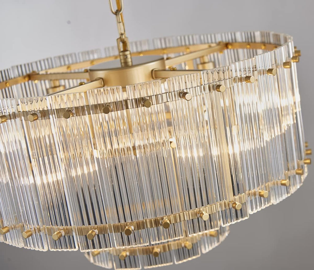 Saint Mossi Drum Glass Chandelier for Dining Room, 7 Light Gold Pendant Chandelier Light Fixture, Doule Layer Design, D18 x H10, Adjustable 59' Chains, Ripple Glass Shade & Gold Finish Metal Frame