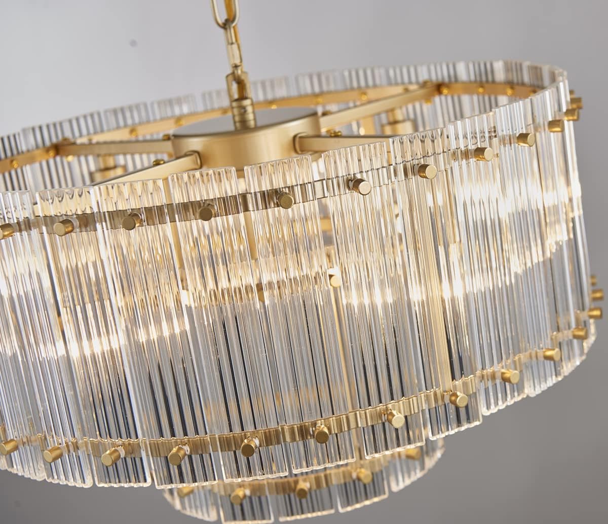 Saint Mossi Drum Glass Chandelier for Dining Room, 7 Light Gold Pendant Chandelier Light Fixture, Doule Layer Design, D18 x H10, Adjustable 59' Chains, Ripple Glass Shade & Gold Finish Metal Frame