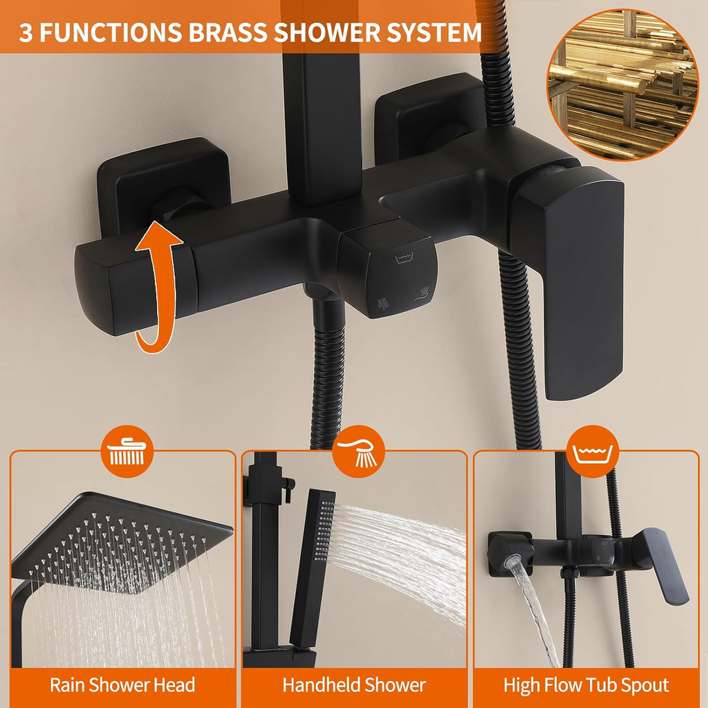 Exposed Shower System with Rain Shower and Handheld Sprayer, Outdoor Shower Fixture with Tub Spout, Rainfall Showerhead Faucet Combo Set for Bathroom Height Adjustable Shower Mixer Matte Black