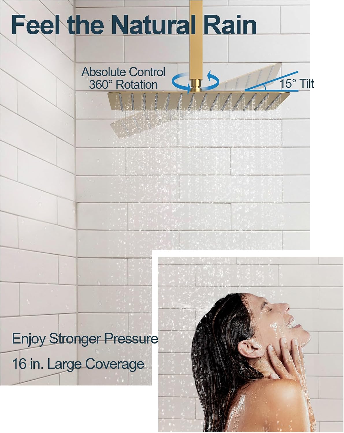 Thermostatic Shower System, 16' Ceiling Mount Rainfall shower Head with Double 6' Shower Head, Brushed Gold