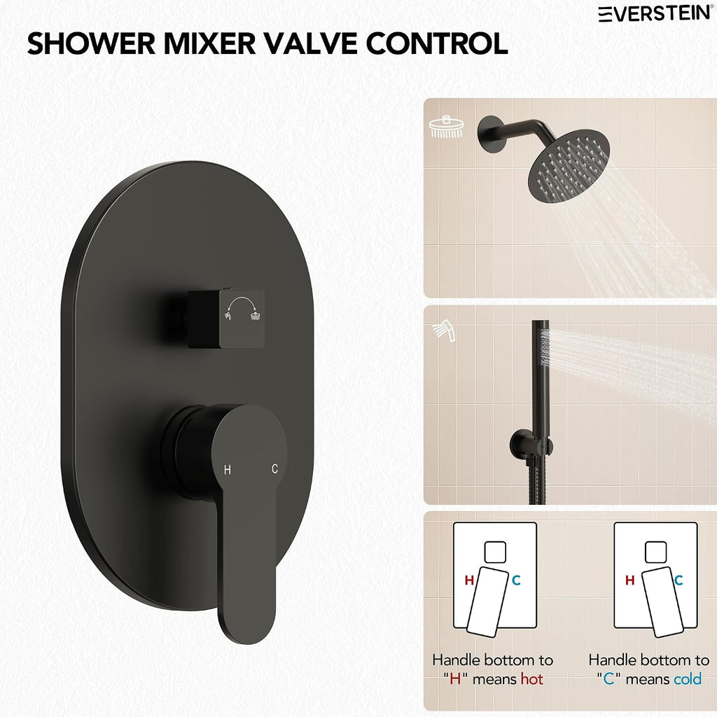6' High-Pressure Shower System with Handheld Spray, Wall Mount Round Bathroom Shower Faucet Set with Valve (Matte Black)