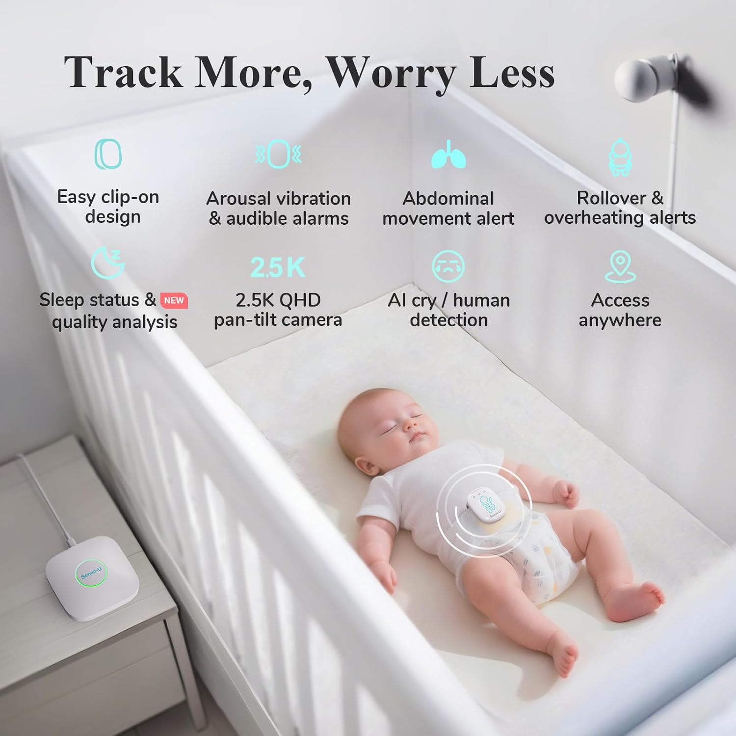 Sense-U Pro Baby Breathing Movement Monitor with 2.5K PTZ Camera: Track Breathing with Gentle Vibration, Sleep Position, Temperature Notifications, 2.5K Video, Background Audio, No Monthly Fee