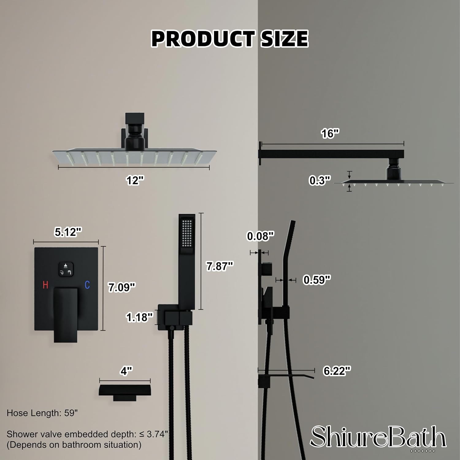 12 Inch Shower Faucet Set with Tub Spout Bathroom Shower System with 12 Inch Rain Shower head and Handheld Shower Head Set, Matte Black