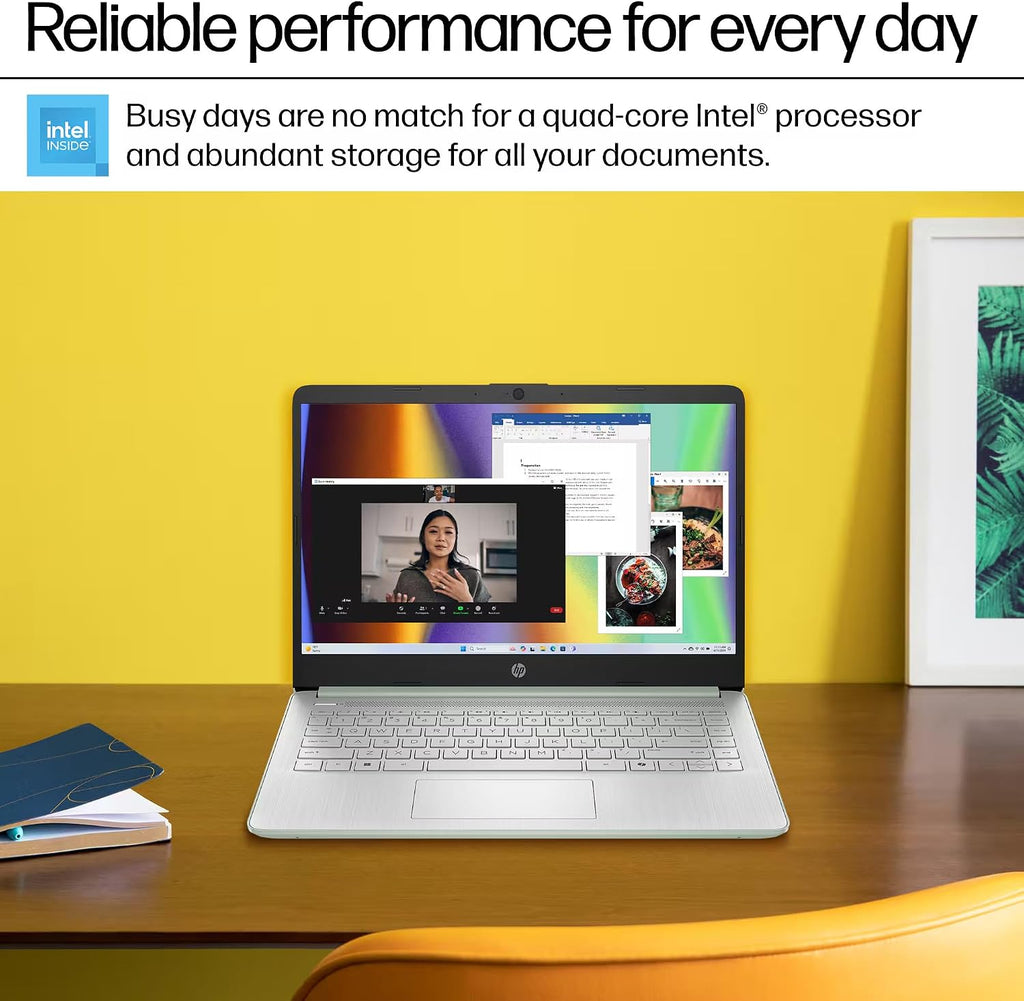HP 14' Laptop 2025 Business Student Slim Computer, Lifetime MS Office, Copilot AI, Quad-Core Intel CPU, 16GB RAM, 628GB Storage (128GB UFS+500GB Ext), MarxsolAccessory, Wi-Fi 6, Win 11 Pro, Green