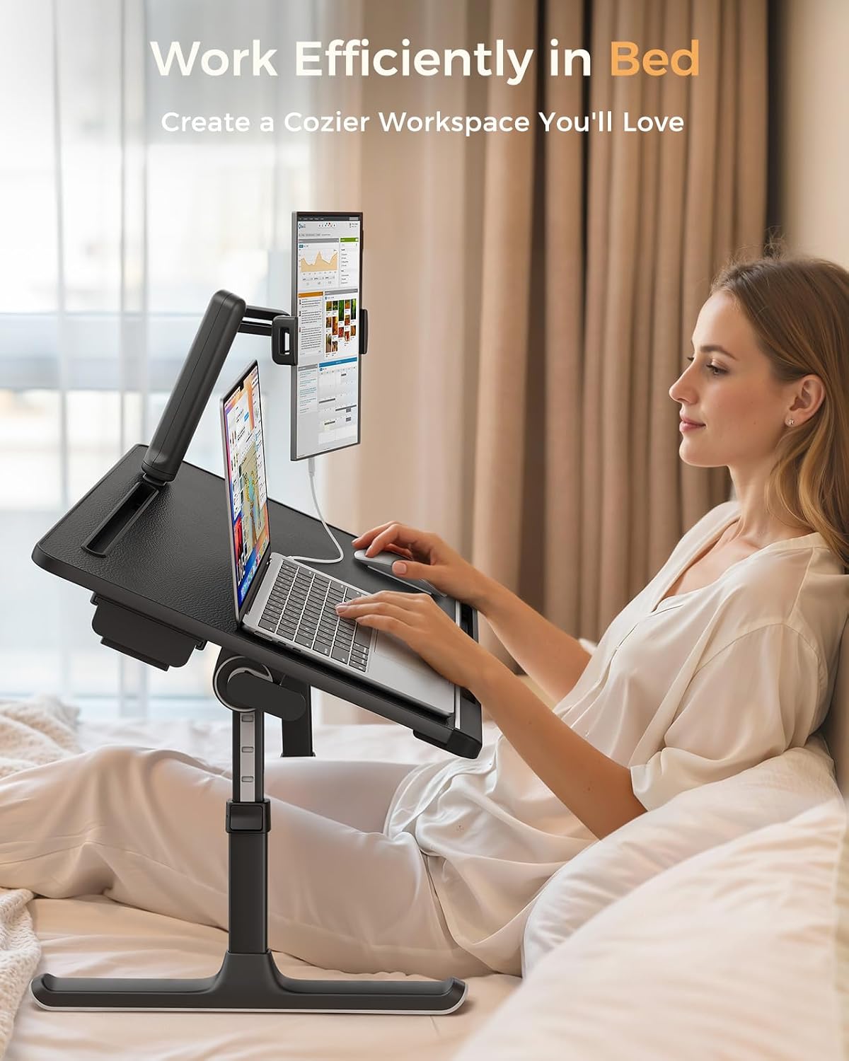 SAIJI Dual Screen Laptop Bed Desk | Foldable Adjustable Lap Desks for Adults, X-Large Couch Bed Tray Table with Portable Monitor Stand and Drawer
