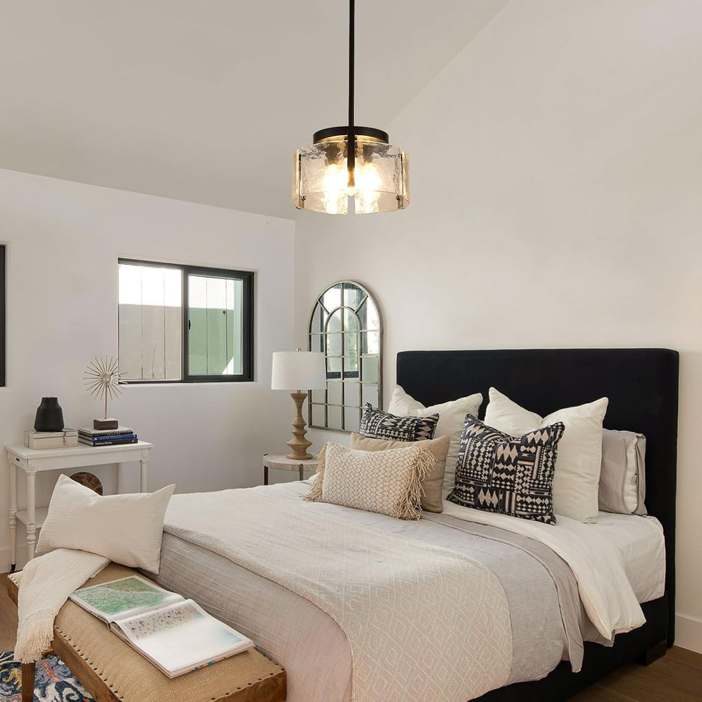 Black Dining Room Light Fixture, 3-Light Glass Drum Chandelier for Entryway, Farmhouse Kitchen Chandeliers Over Table Modern Lighting Fixtures for Foyer Hallway Bedroom Living Room