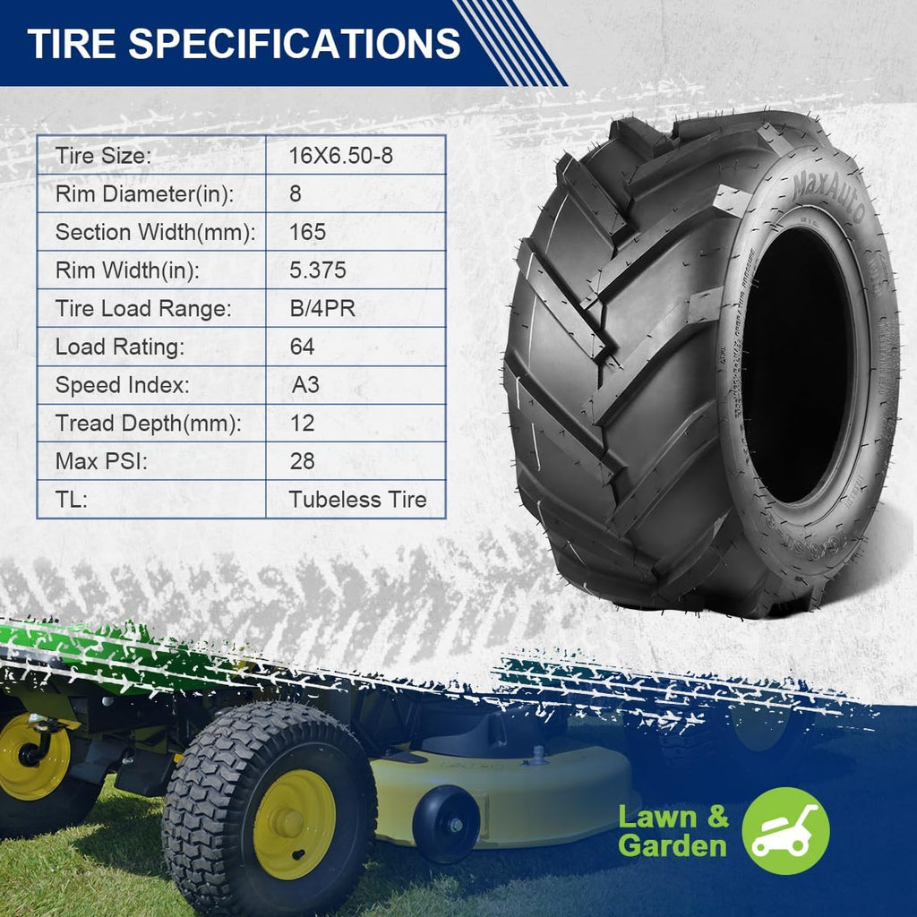 MaxAuto Ag Tractor Tires 16x6.50-8 & 23x10.50-12 Lawn Mower Agriculture Farm Tire, Super Lug 6-Ply Tubeless Tire,16x6.5-8 Front & 23x10.5-12 Rear Garden Golf Riding Turf Tires, 4 Pack in 2 Packages