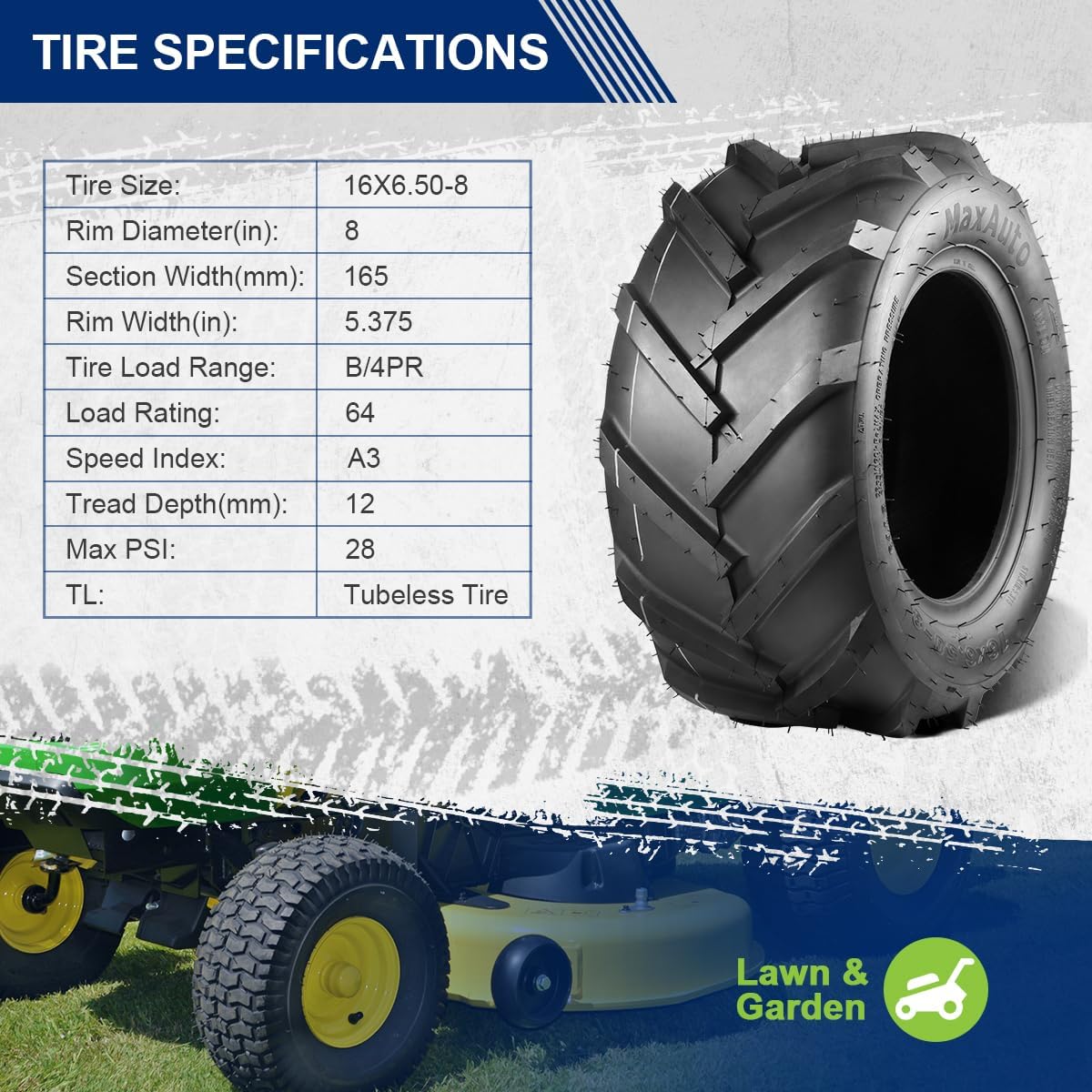 MaxAuto Ag Tractor Tires 16x6.50-8 & 23x10.50-12 Lawn Mower Agriculture Farm Tire, Super Lug 6-Ply Tubeless Tire,16x6.5-8 Front & 23x10.5-12 Rear Garden Golf Riding Turf Tires, 4 Pack in 2 Packages