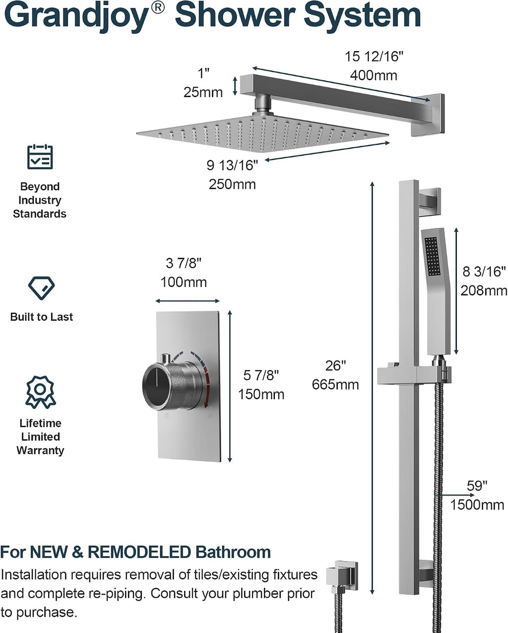 10' Shower Faucet Set with Valve, Wall Mounted Shower Head with High Pressure Handheld Sprayer & Slide Bar, Brushed Nickel