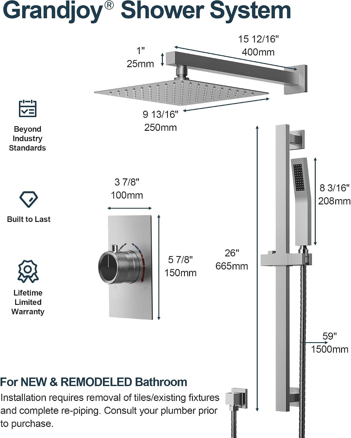 10' Shower Faucet Set with Valve, Wall Mounted Shower Head with High Pressure Handheld Sprayer & Slide Bar, Brushed Nickel